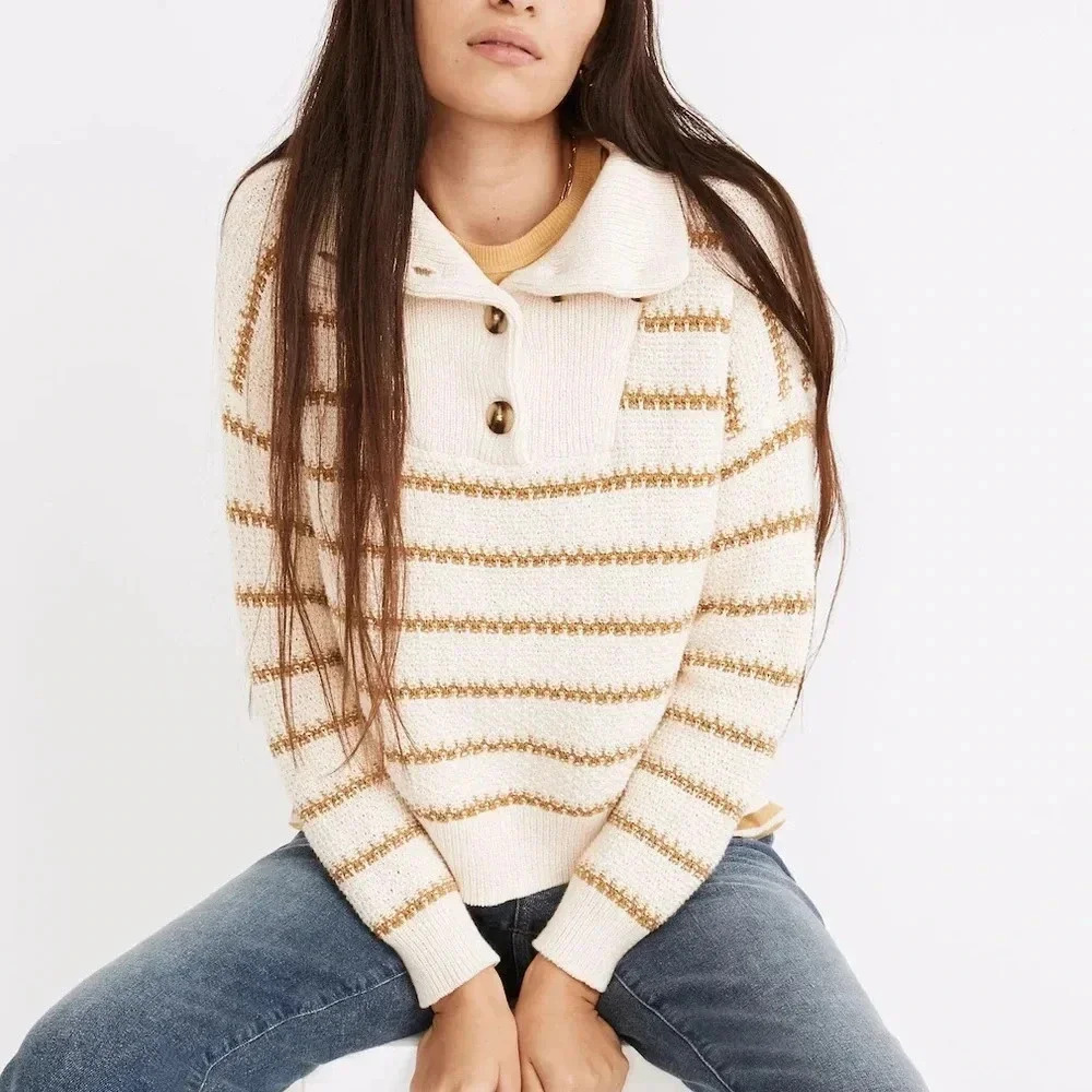 Madewell Sweater Canby Button Mockneck Sweater in Stripe tan size Medium (m)